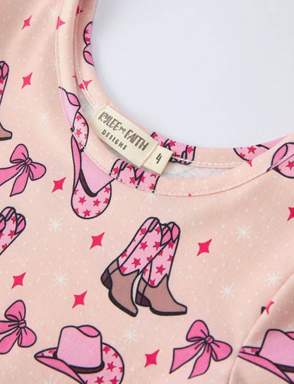 Girls pink Western boots & bows Short Sleeve Dress