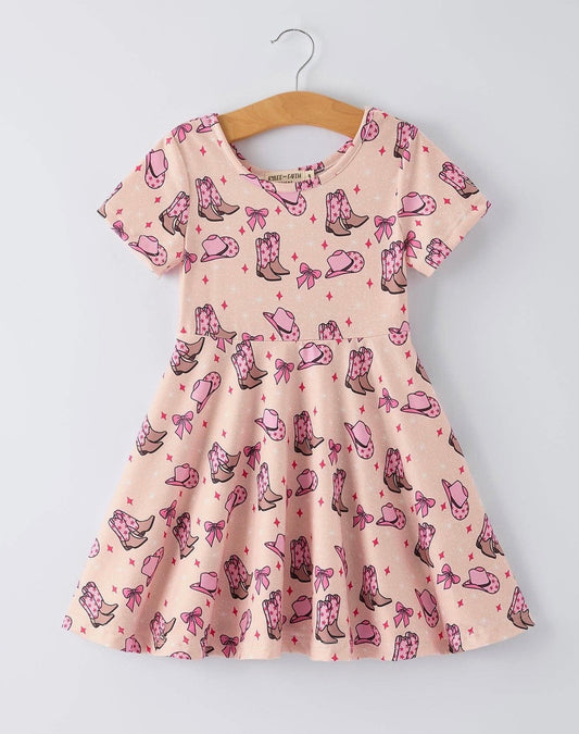 Girls pink Western boots & bows Short Sleeve Dress