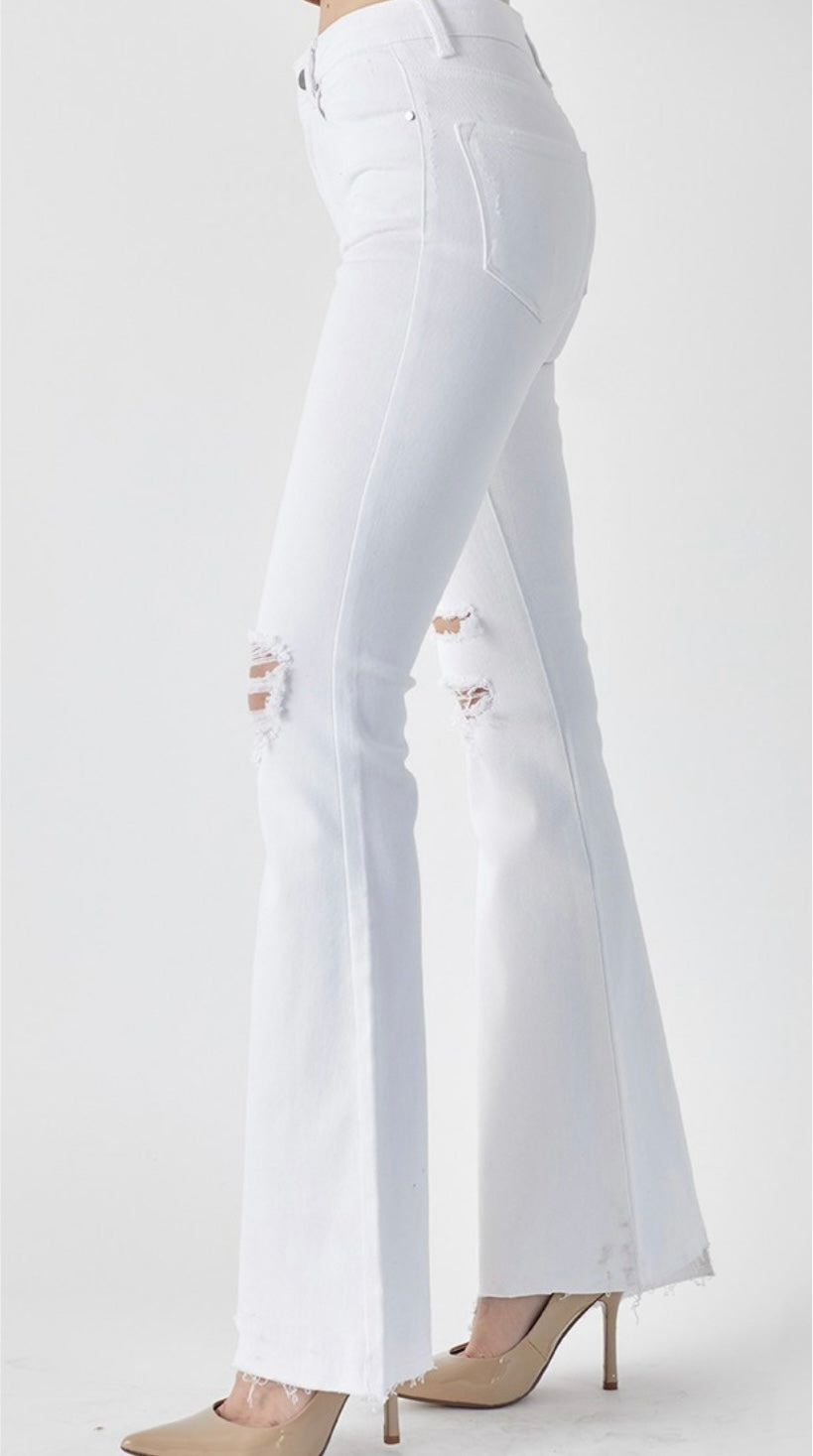 White High Rise Wide Flare Released Hem Jeans