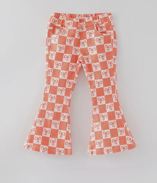 Girls Orange Bow Print Plaid Flares Jeans