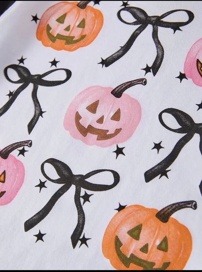 Girls Halloween (Bows & Pumpkins) long sleeve shirt and Pink Ruffle Skirt