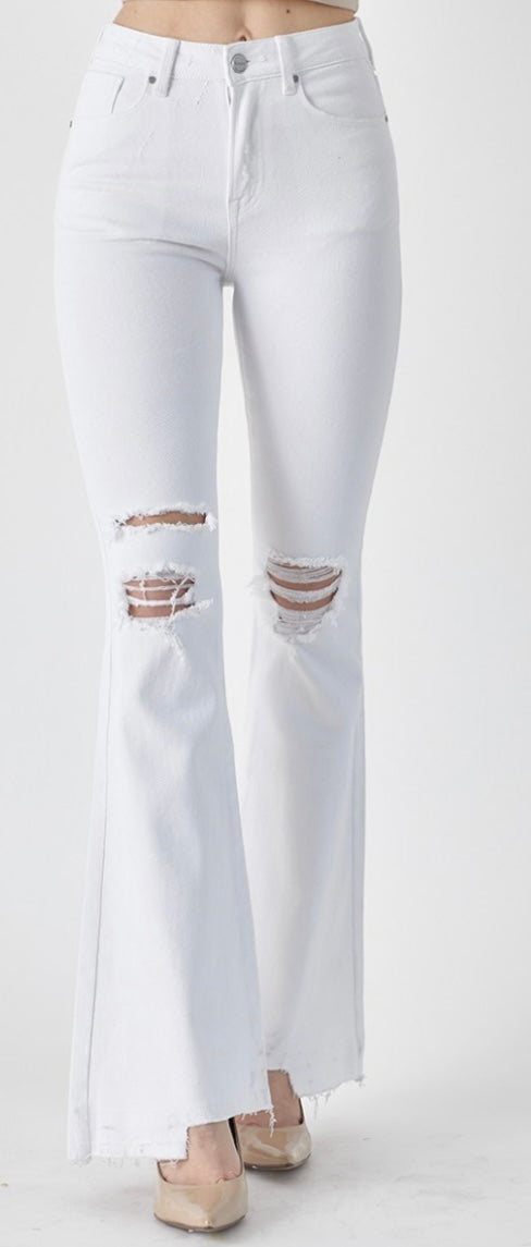 White High Rise Wide Flare Released Hem Jeans