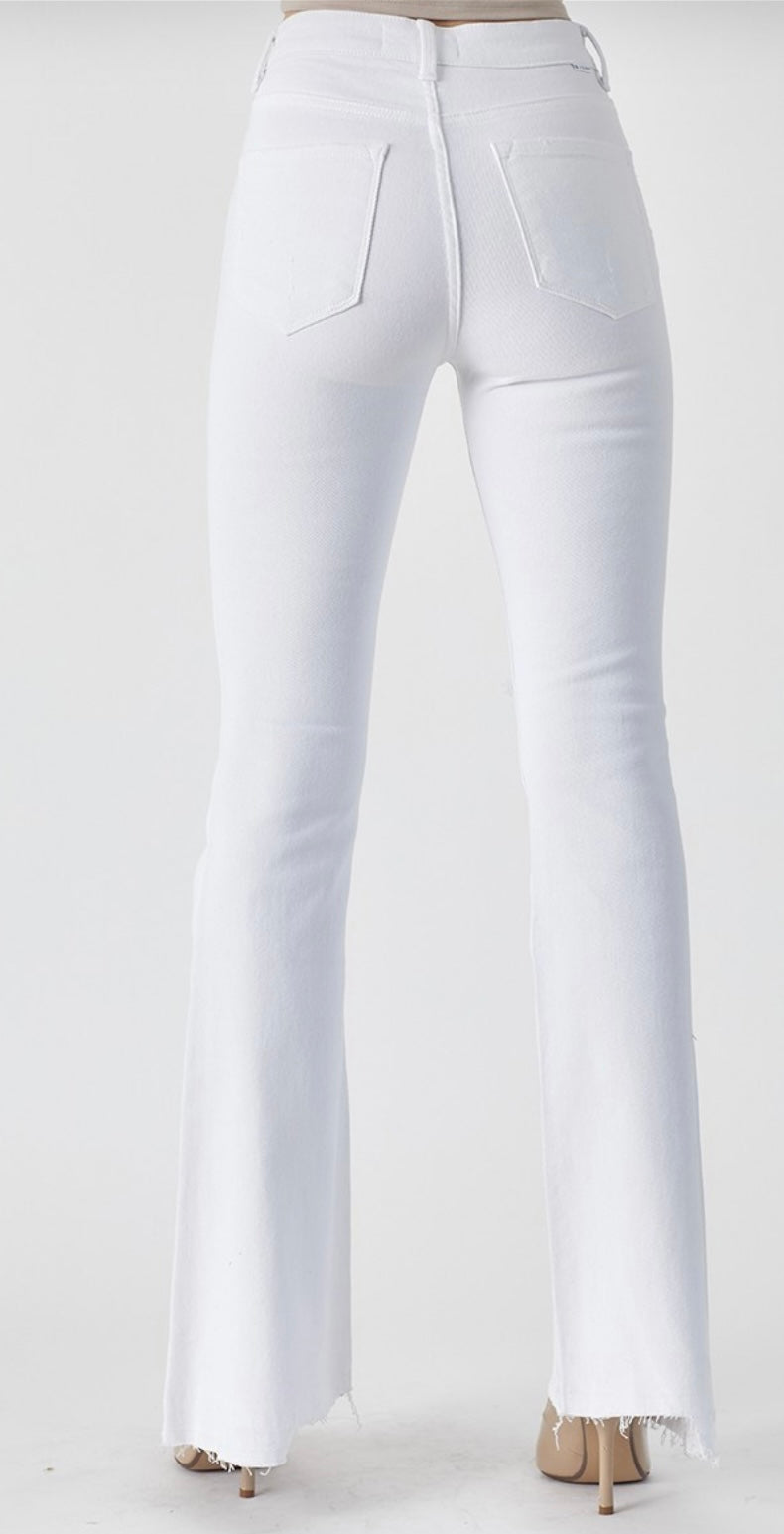 White High Rise Wide Flare Released Hem Jeans