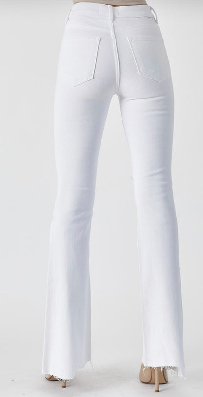 White High Rise Wide Flare Released Hem Jeans