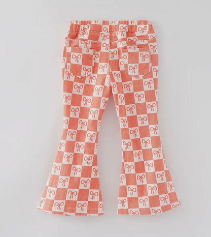 Girls Orange Bow Print Plaid Flares Jeans
