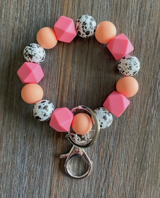 Coral, black and white with pink hex beads Wristlet/Keychain