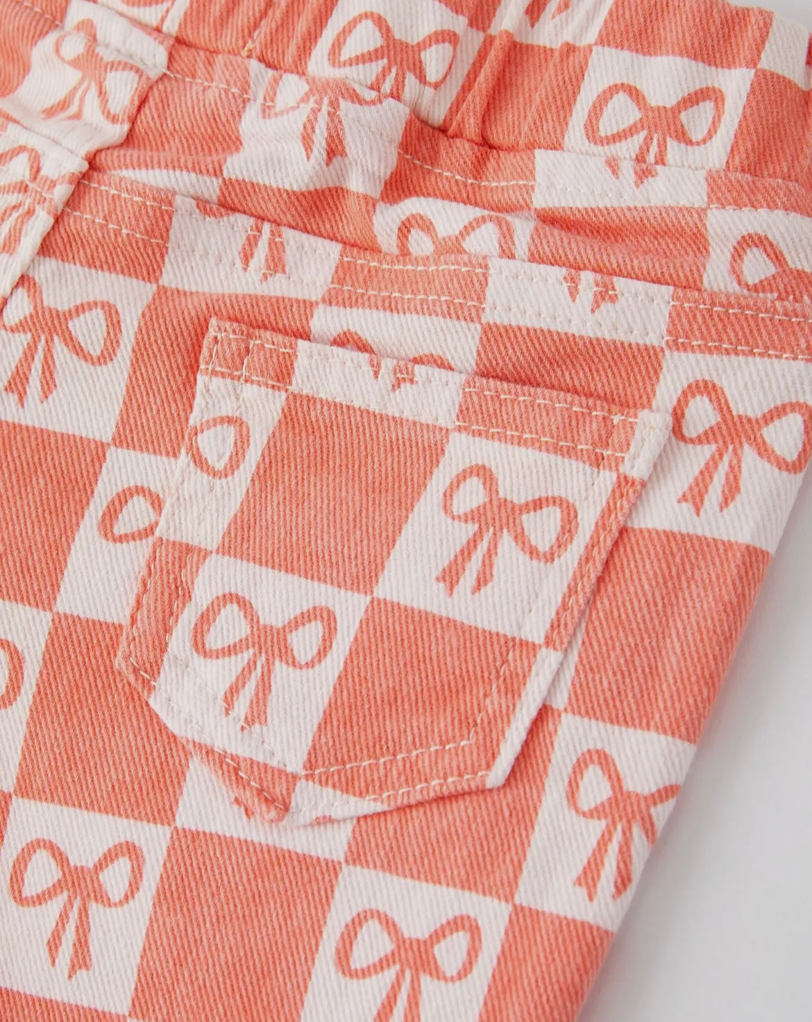 Girls Orange Bow Print Plaid Flares Jeans