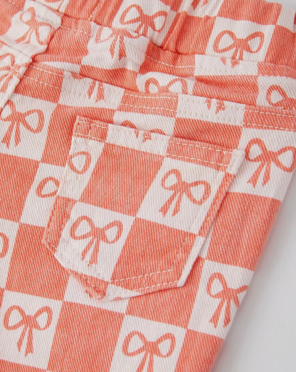 Girls Orange Bow Print Plaid Flares Jeans