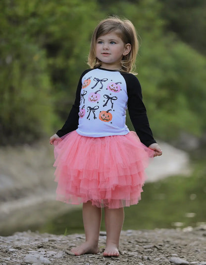 Girls Halloween (Bows & Pumpkins) long sleeve shirt and Pink Ruffle Skirt