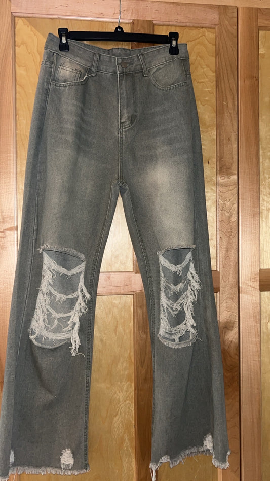 Light Olive Ripped Fray Hem Jeans