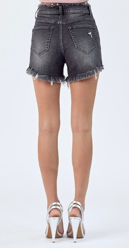 Black High Rise Frayed Waist and Hem Shorts