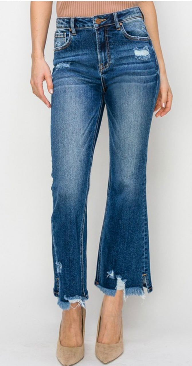 High Rise Dark Ankle Flare Jeans