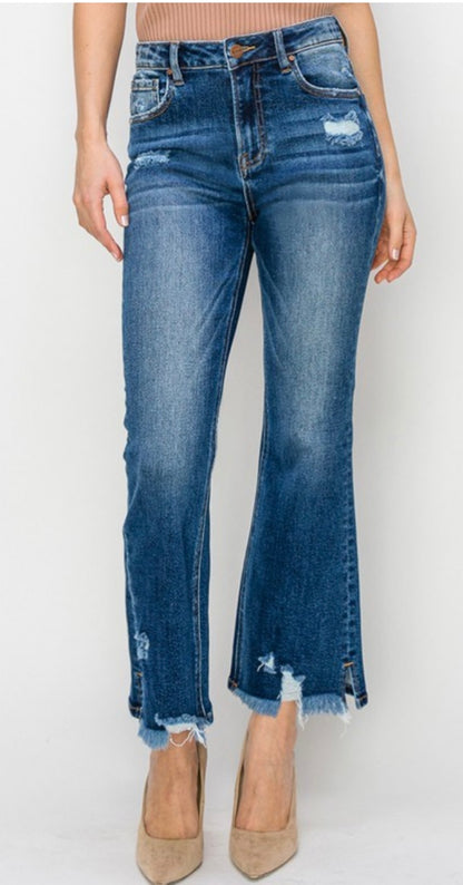 High Rise Dark Ankle Flare Jeans
