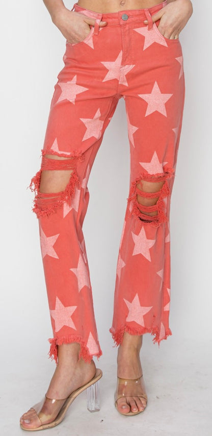 Peach Blossom High Star Printed Straight Jeans