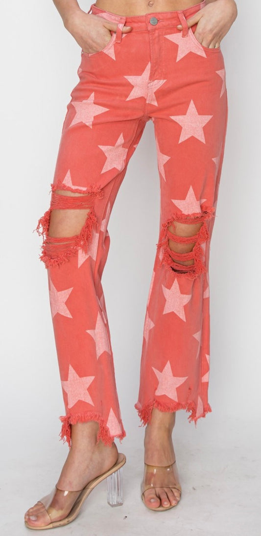 Peach Blossom High Star Printed Straight Jeans
