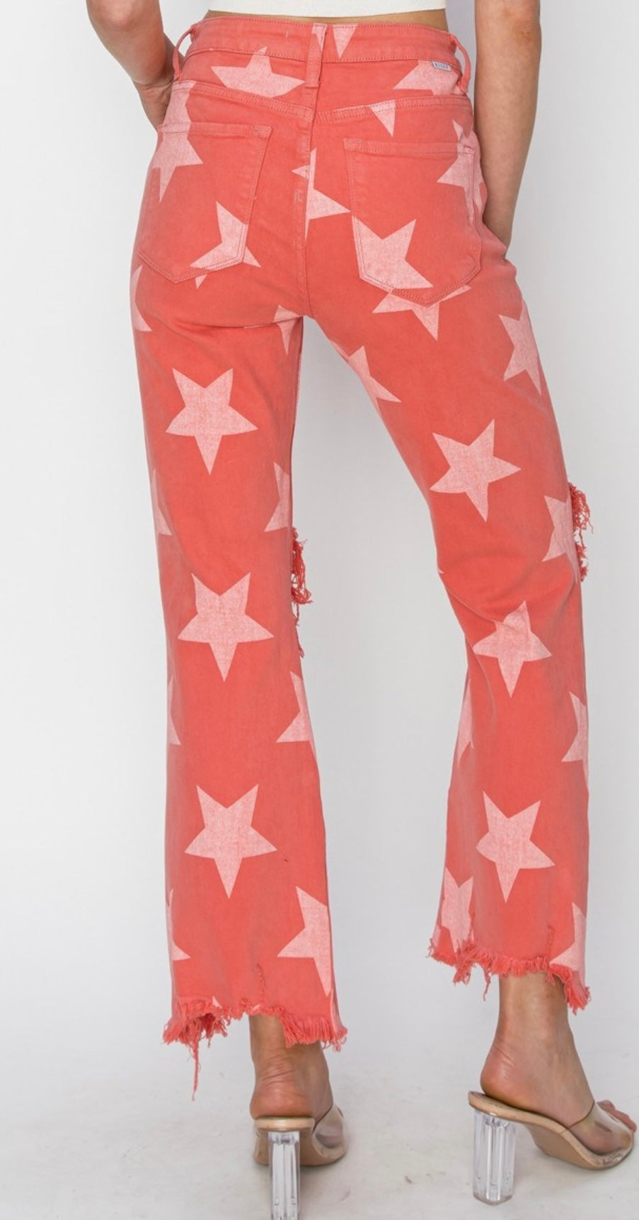 Peach Blossom High Star Printed Straight Jeans
